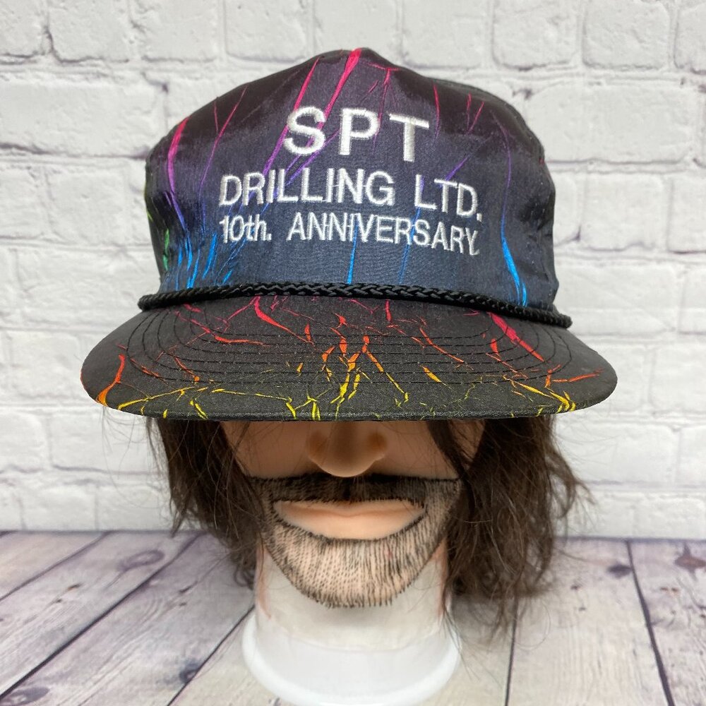 Vintage Nylon Trucker Hat Rope Cap Snapback Black Neon SPT Drilling 10th ANNIV